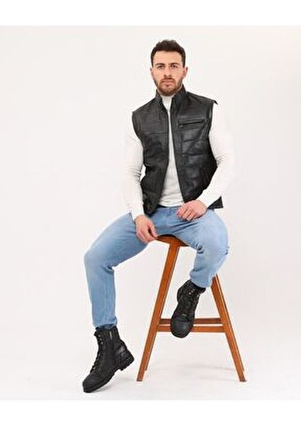 Deri Şişme Yelek Siyah Renk Erkekler İçin Slim Fit Şık Tasarım 2023 Sezonu