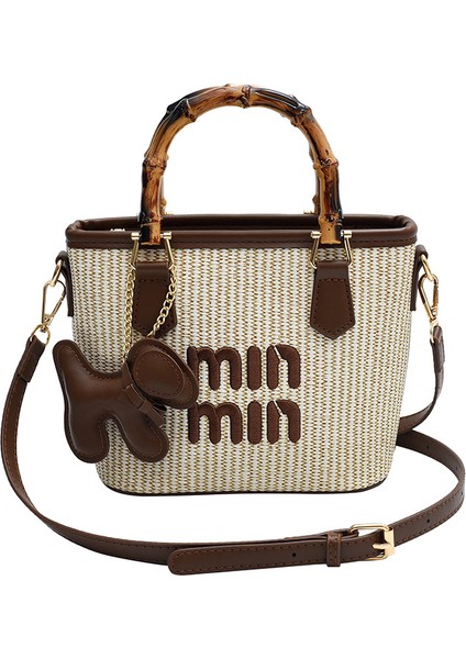 2025 Yeni Bahar Modası Kontrast Renk Hasır Bambu Sepet Çanta Kova Çanta Omuz Çapraz Çanta Kadın Çantası (Yurt Dışından)