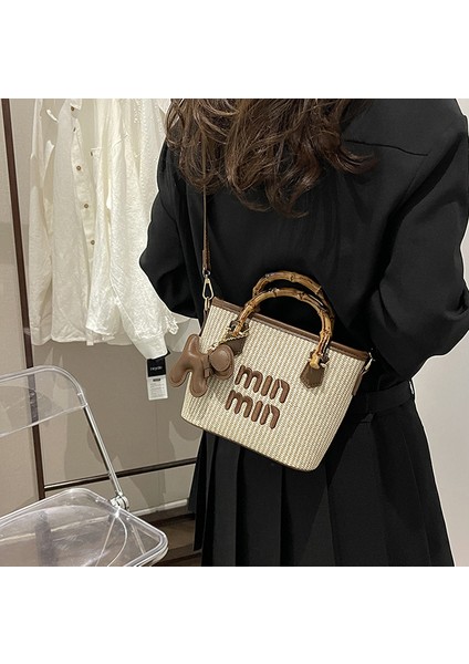 2025 Yeni Bahar Modası Kontrast Renk Hasır Bambu Sepet Çanta Kova Çanta Omuz Çapraz Çanta Kadın Çantası (Yurt Dışından) indirimleri