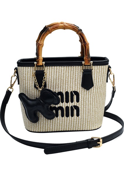 2025 Yeni Bahar Modası Kontrast Renk Hasır Bambu Sepet Çanta Kova Çanta Omuz Çapraz Çanta Kadın Çantası (Yurt Dışından)