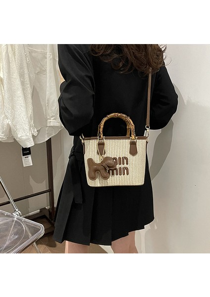 2025 Yeni Bahar Modası Kontrast Renk Hasır Bambu Sepet Çanta Kova Çanta Omuz Çapraz Çanta Kadın Çantası (Yurt Dışından) fırsatları