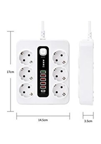 6 Adet Akıllı Priz Akım Korumalı,5 USB ve 1 Type-C Pd 20W Bağlantılı 2 Metre Kablolu