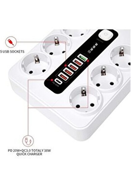6 Adet Akıllı Priz Akım Korumalı,5 USB ve 1 Type-C Pd 20W Bağlantılı 2 Metre Kablolu fiyatları