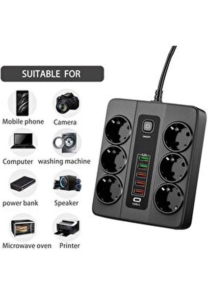 6 Adet Akıllı Priz Akım Korumalı,5 USB ve 1 Type-C Pd 20W Bağlantılı 2 Metre Kablolu indirimleri