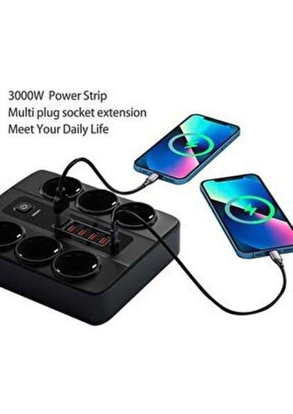 6 Adet Akıllı Priz Akım Korumalı,5 USB ve 1 Type-C Pd 20W Bağlantılı 2 Metre Kablolu
