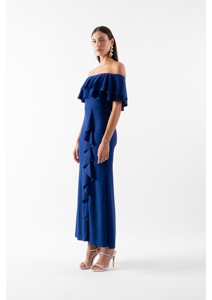 Adio Volanlı Uzun Abiye Elbise Saks