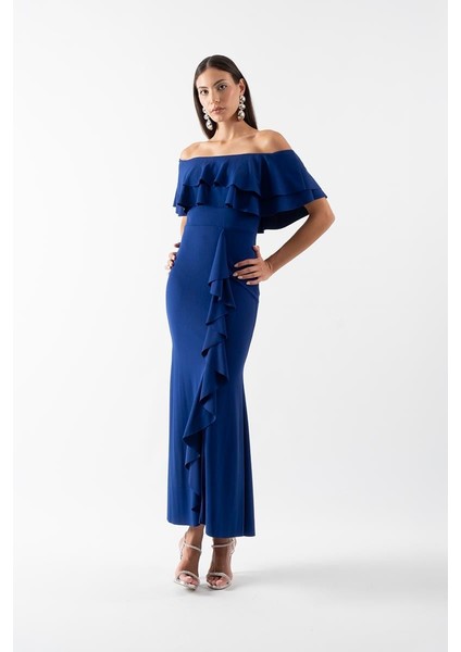 Adio Volanlı Uzun Abiye Elbise Saks modelleri