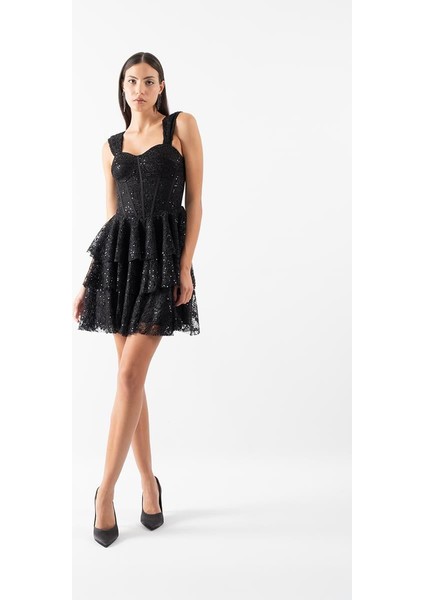 Dacia Askılı Korsajlı Katlı Kloş Kısa Abiye Elbise Siyah