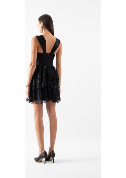 Dacia Askılı Korsajlı Katlı Kloş Kısa Abiye Elbise Siyah fiyatları