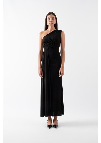 Fawcett Tek Omuz Bele Oturan Yandan Şal Detaylı Uzun Abiye Elbise Siyah fiyatları