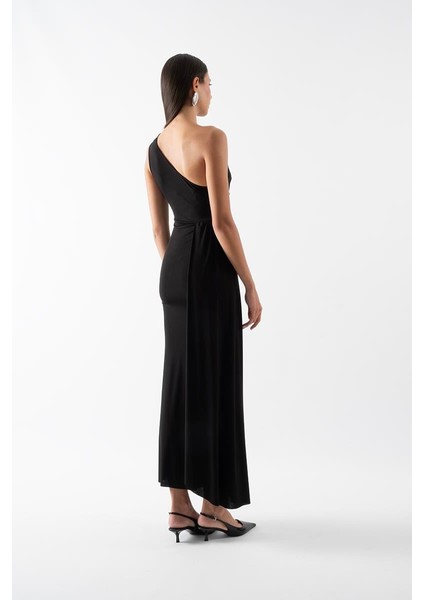 Fawcett Tek Omuz Bele Oturan Yandan Şal Detaylı Uzun Abiye Elbise Siyah fırsatları