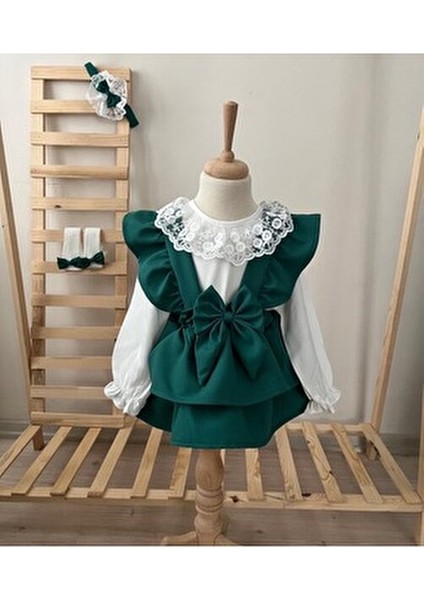Kız Çocuk ve Bebek Kat Kat Etek Gömlek Bandana Çorap Takım