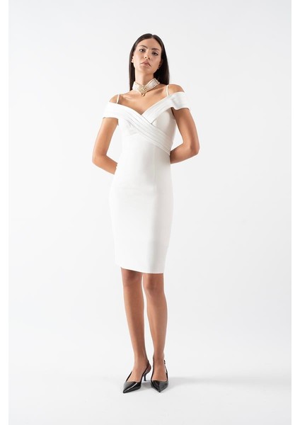 Odolina Ince Askılı Kruvaze Kayık Yaka Kısa Abiye Elbise Ekru