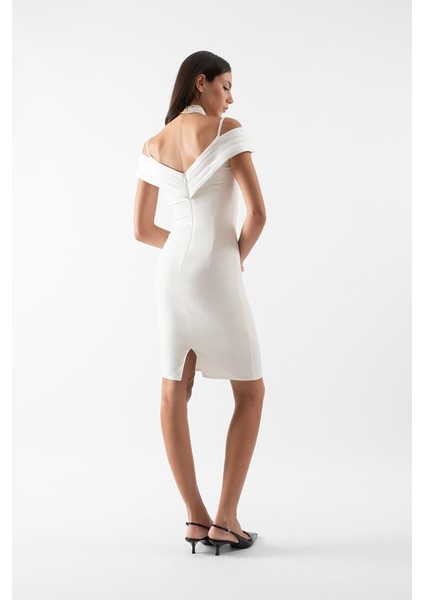 Odolina Ince Askılı Kruvaze Kayık Yaka Kısa Abiye Elbise Ekru fiyatları