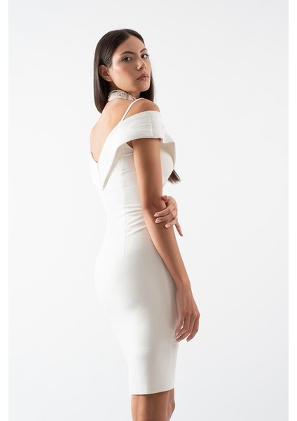 Odolina Ince Askılı Kruvaze Kayık Yaka Kısa Abiye Elbise Ekru modelleri