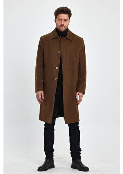 Erkek Taba Kaşe Kaban Uzun Regular Fit Gömlek Yaka Astarlı Kalın Malzeme