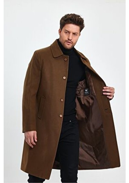 Erkek Taba Kaşe Kaban Uzun Regular Fit Gömlek Yaka Astarlı Kalın Malzeme fiyatları