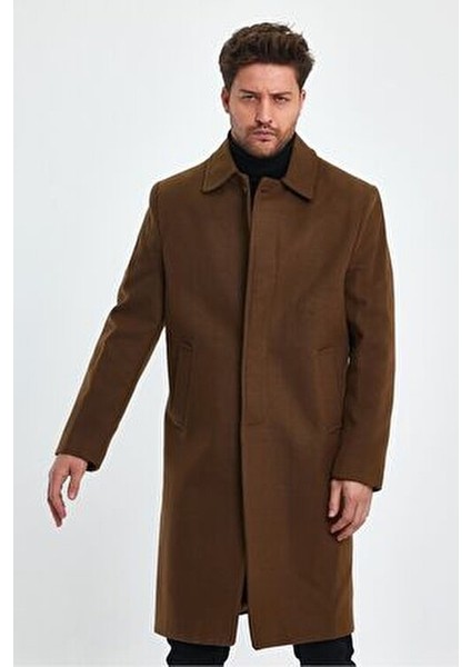 Erkek Taba Kaşe Kaban Uzun Regular Fit Gömlek Yaka Astarlı Kalın Malzeme modelleri