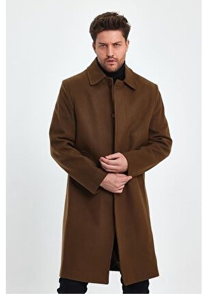 Erkek Taba Kaşe Kaban Uzun Regular Fit Gömlek Yaka Astarlı Kalın Malzeme fırsatları