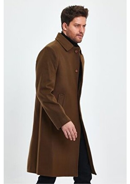 Erkek Taba Kaşe Kaban Uzun Regular Fit Gömlek Yaka Astarlı Kalın Malzeme indirimleri