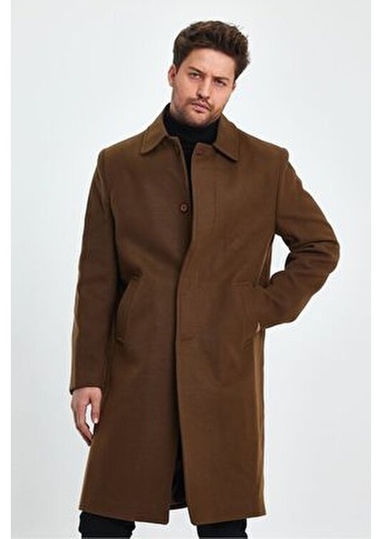 Erkek Taba Kaşe Kaban Uzun Regular Fit Gömlek Yaka Astarlı Kalın Malzeme
