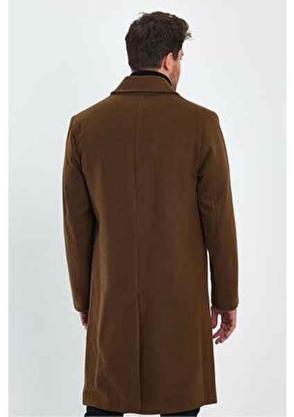 Erkek Taba Kaşe Kaban Uzun Regular Fit Gömlek Yaka Astarlı Kalın Malzeme