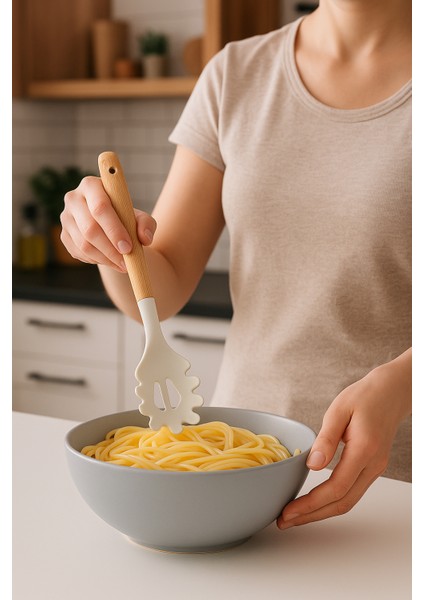 Bambu Saplı Silikon Uçlu Spagetti Kepçesi Yemek Hazırlık Servis Sunum Kepçesi (Beyaz 32 Cm)