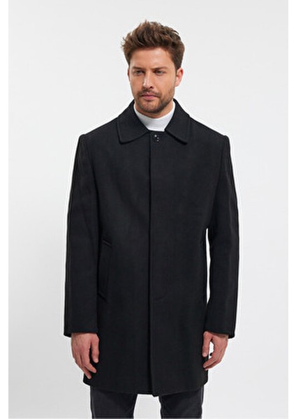 Siyah Kaşe Kaban Erkek Regular Fit Gömlek Yaka Kalın Astar ile Günlük Kullanım fırsatları