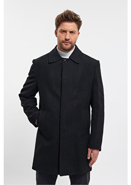 Siyah Kaşe Kaban Erkek Regular Fit Gömlek Yaka Kalın Astar ile Günlük Kullanım