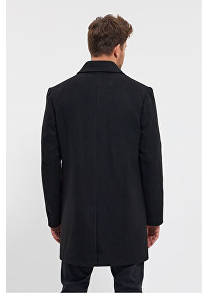 Siyah Kaşe Kaban Erkek Regular Fit Gömlek Yaka Kalın Astar ile Günlük Kullanım