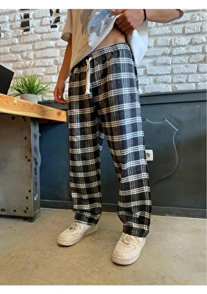 Limited Edition Siyah Y2K Ekose - Kareli Desen Model Bol Paça Relaxed Unisex Oversize Pijama Altı
