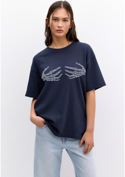 -Kadın Çift El Taş Baskılı Kısa Kollu Tshırt Pamuklu Oversize fiyatları