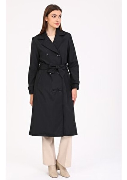 Kadın Siyah Astarlı Kemerli Trençkot