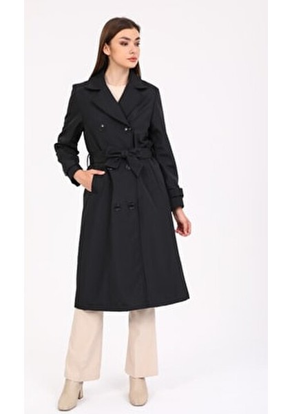 Kadın Siyah Astarlı Kemerli Trençkot
