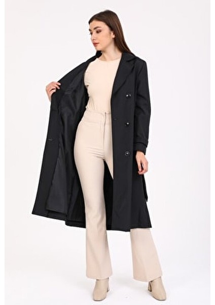 Kadın Siyah Astarlı Kemerli Trençkot