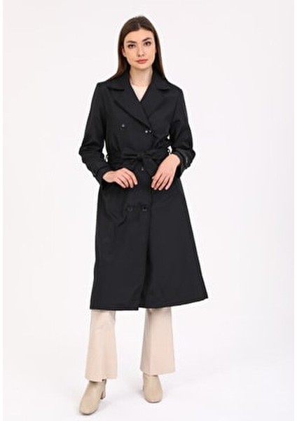 Kadın Siyah Astarlı Kemerli Trençkot