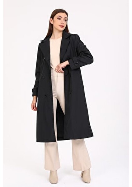 Kadın Siyah Astarlı Kemerli Trençkot