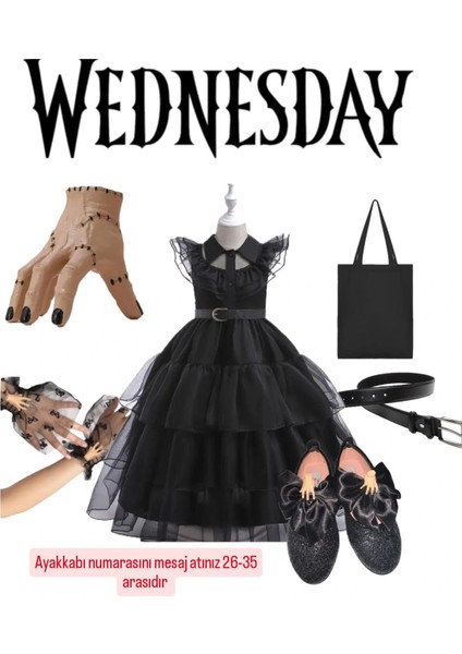 Wednesday Kostüm Elbise + El +Kemer+Çanta+Tül Eldiven+Wednesday Babet Doğum Günü Parti Seti