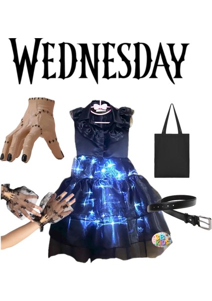 Işıklı Wednesday Kostüm Elbise + Çanta +El +Tü Eldiven +Kemer Parti Doğum Günü Seti