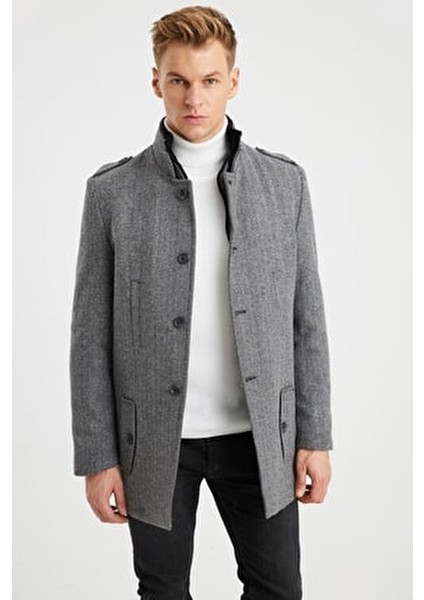 Erkek Gri Çift Yakalı Yün Karışımlı Kaşe Kaban