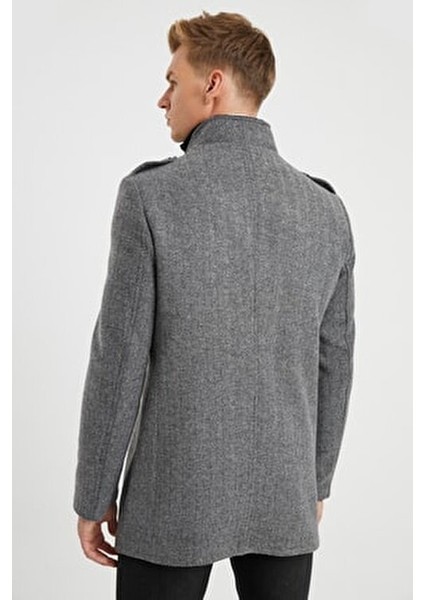 Erkek Gri Çift Yakalı Yün Karışımlı Kaşe Kaban