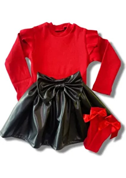 Kız Bebek Çocuk Deri Etek Omuz Fırfırlı Kırmızı Badi Fiyonklu Çorap Seti