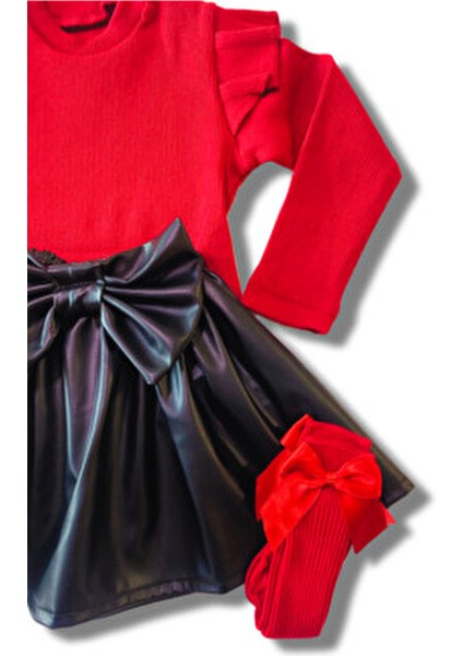 Kız Bebek Çocuk Deri Etek Omuz Fırfırlı Kırmızı Badi Fiyonklu Çorap Seti fırsatları