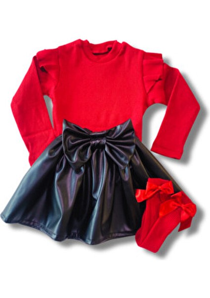 Kız Bebek Çocuk Deri Etek Omuz Fırfırlı Kırmızı Badi Fiyonklu Çorap Seti indirimleri