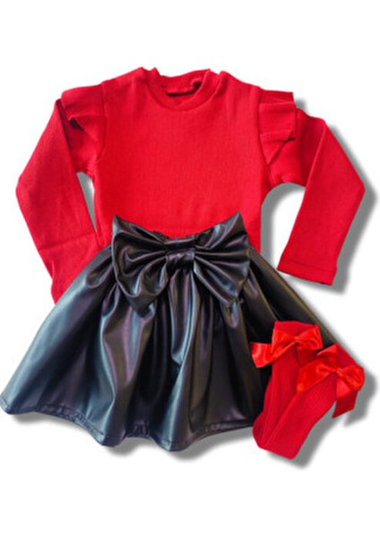 Kız Bebek Çocuk Deri Etek Omuz Fırfırlı Kırmızı Badi Fiyonklu Çorap Seti