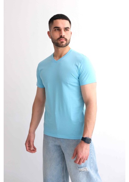 Erkek V Yaka Düz Baskısız %100 Pamuk Nane Basic Tişört