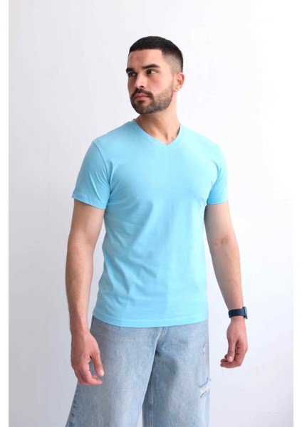 Erkek V Yaka Düz Baskısız %100 Pamuk Nane Basic Tişört fiyatları