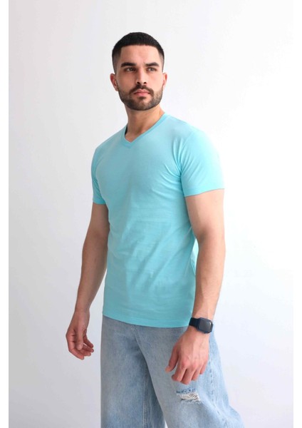 Erkek V Yaka Düz Baskısız %100 Pamuk Nane Basic Tişört modelleri