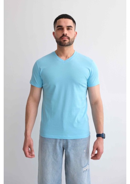 Erkek V Yaka Düz Baskısız %100 Pamuk Nane Basic Tişört fırsatları
