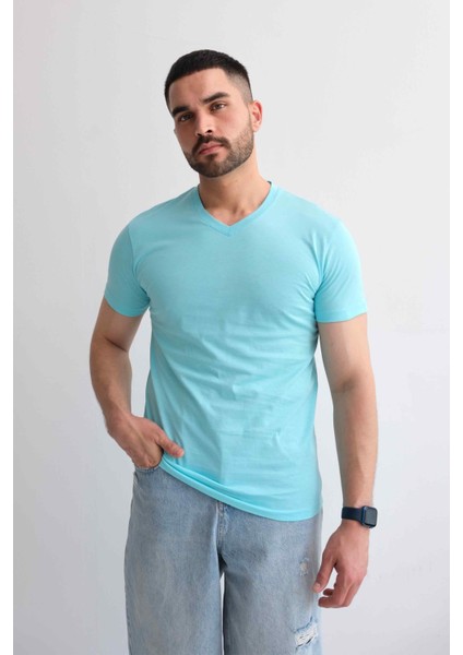 Erkek V Yaka Düz Baskısız %100 Pamuk Nane Basic Tişört indirimleri